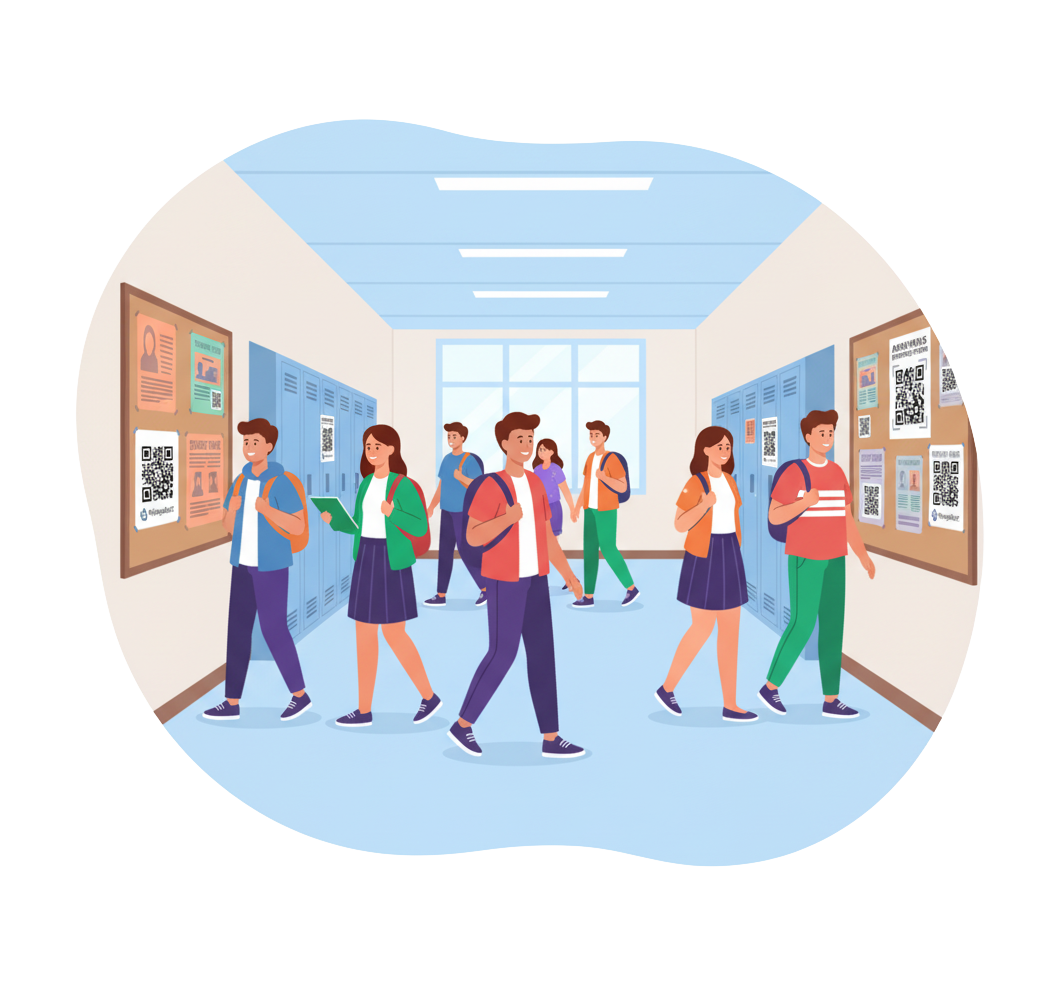 Students in hallway with Whispalert QR codes