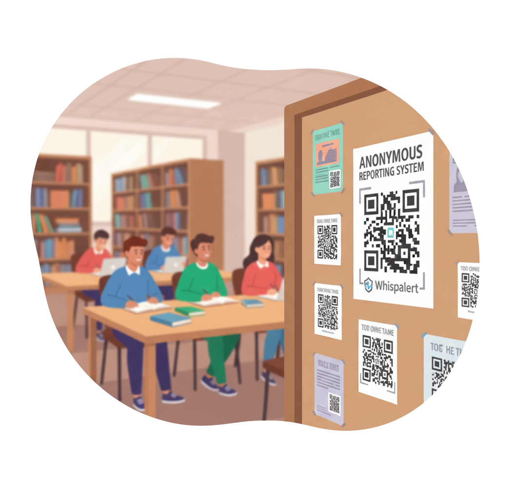 Close-up of a Whispalert QR code posted in a school library study area with students studying in the background