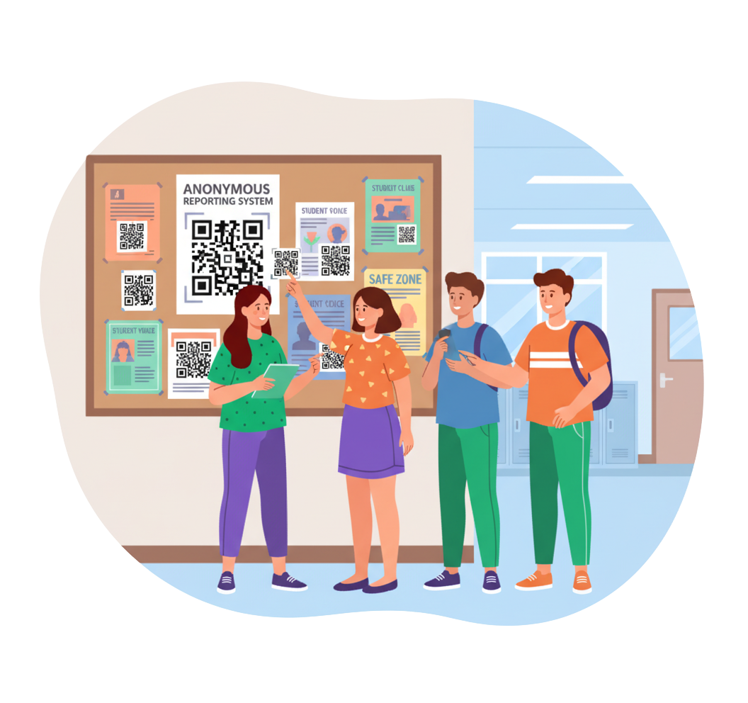 School hallway with diverse students walking peacefully, Whispalert QR codes visible on walls and bulletin boards